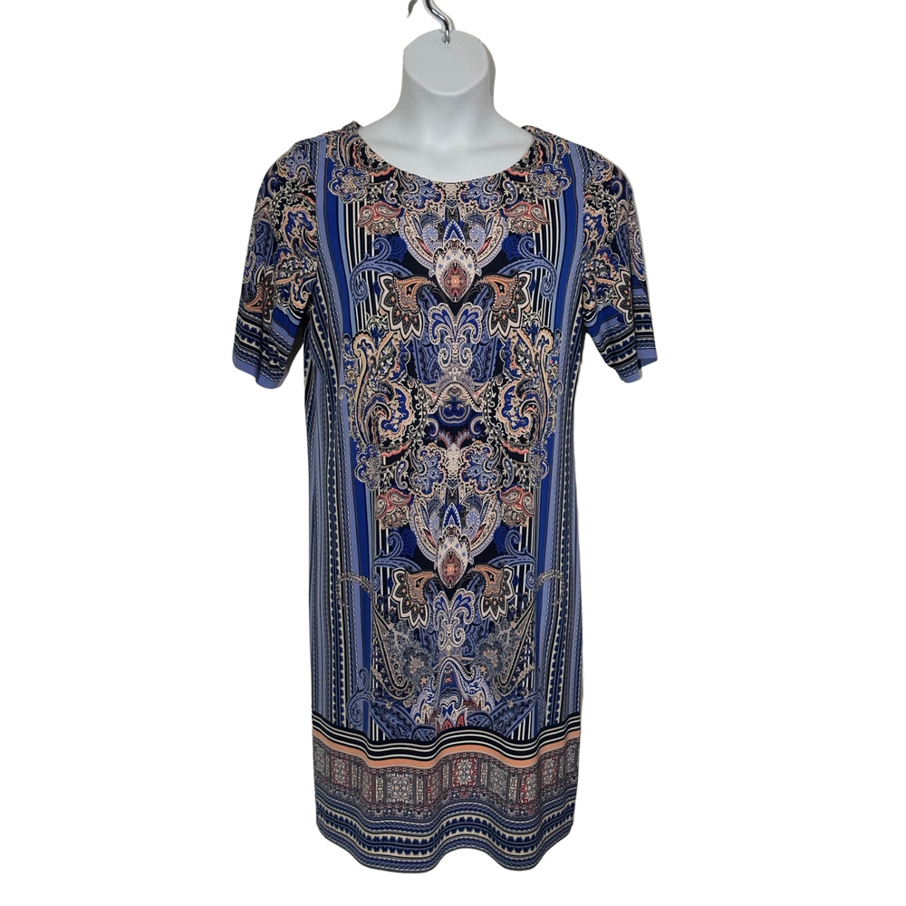 Women's size 16 blue, black, peach multi colored knee length short sleeve dress